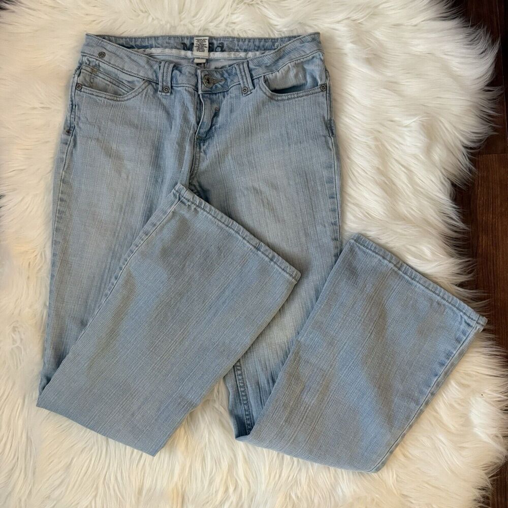 Vtg Mudd Jeans Size 7 Super Low Rise Flare Light Wash Denim Y2K Decorati…